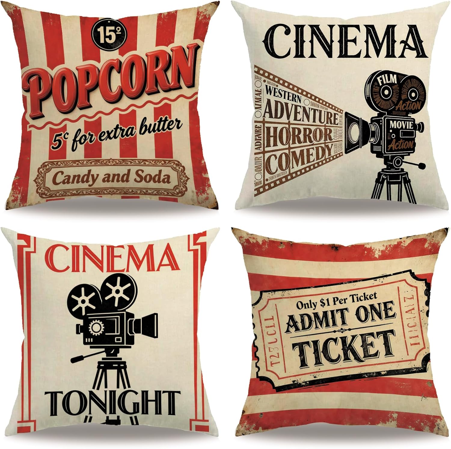 Home Cinema Tickets - 4 Stück Vintage-Kino-Kissenbezüge mit Popcorn- und