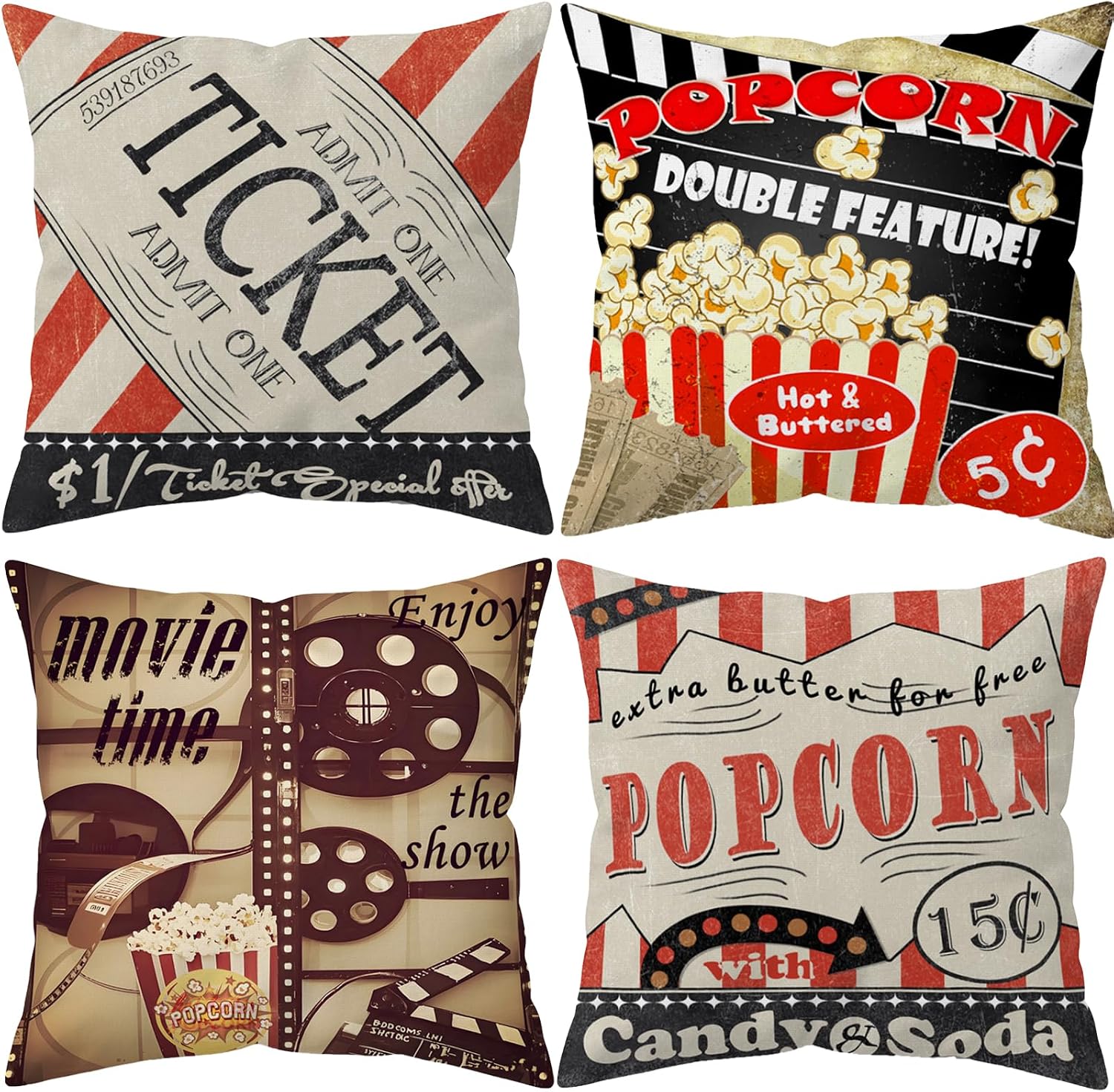 Home Cinema Tickets - 4er-Set Retro-Kino-Kissenbezüge: Vintage Popcorn-Ticket, Filmrolle, Klappbrett,