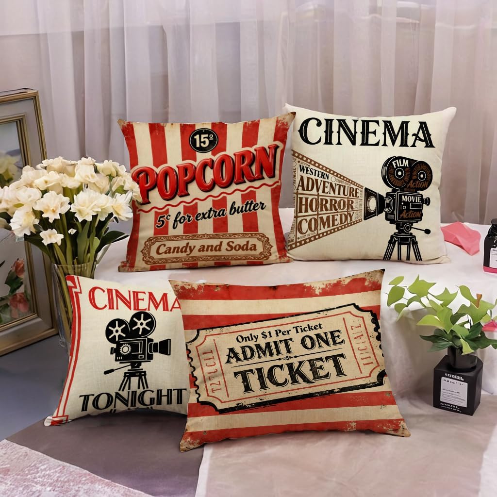 4 Stück Vintage-Kino-Kissenbez – Home Cinema Tickets Bewertung und Preis